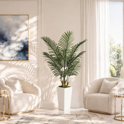5FT Artificial Palm Tree with White Planter, Realistic Faux Indoor Plant for Home and Office Decor