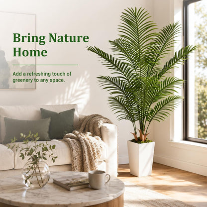 6FT Artificial Palm Tree with White Planter, Realistic Faux Indoor Plant for Home and Office Decor
