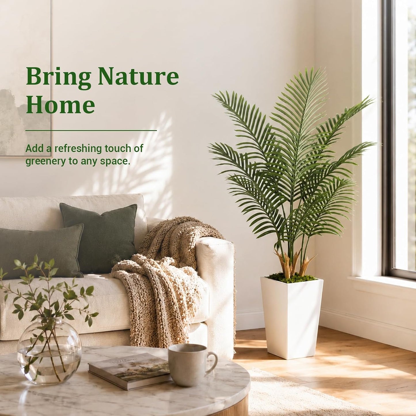 5FT Artificial Palm Tree with White Planter, Realistic Faux Indoor Plant for Home and Office Decor