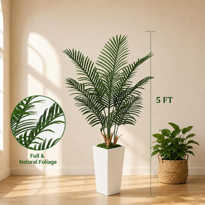 5FT Artificial Palm Tree with White Planter, Realistic Faux Indoor Plant for Home and Office Decor