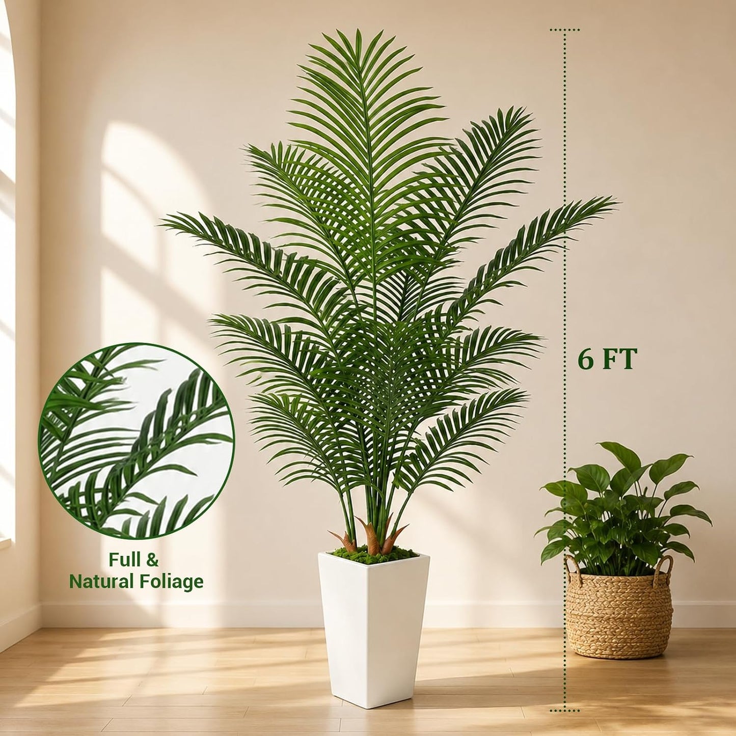 6FT Artificial Palm Tree with White Planter, Realistic Faux Indoor Plant for Home and Office Decor