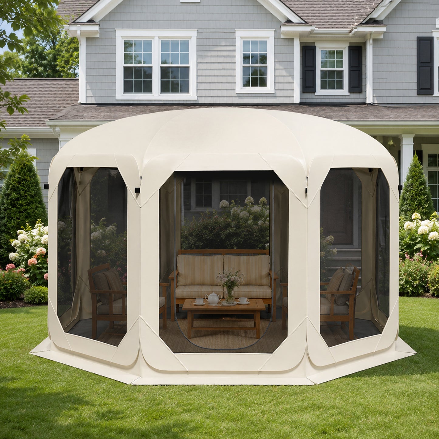 Pop Up Screen Tent for Family Camping, 10x10ft Instant Portable Canopy Screen House with Carry Bag, Windproof Sandbags & Stakes, Outdoor Mesh Shelter for Patio Beach Picnic Party Backyard