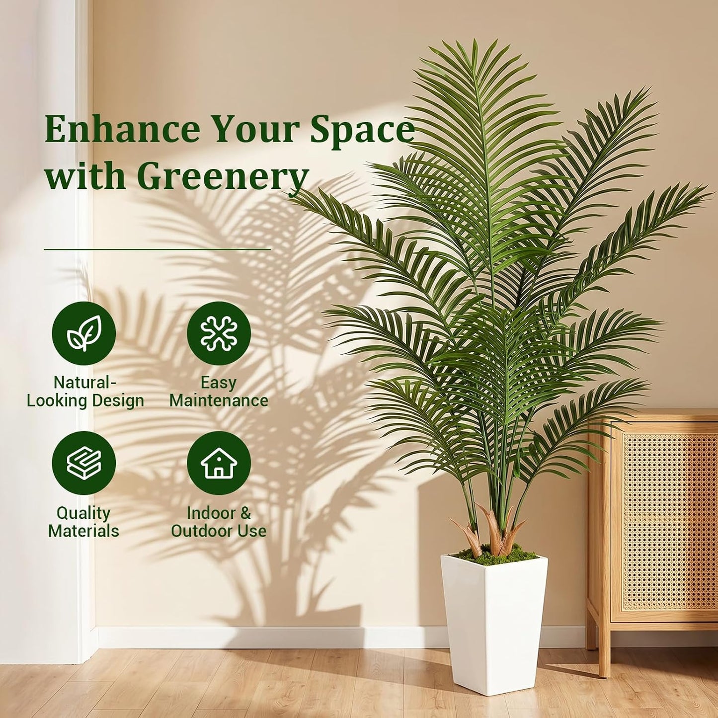 6FT Artificial Palm Tree with White Planter, Realistic Faux Indoor Plant for Home and Office Decor