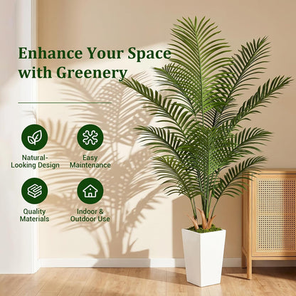 6FT Artificial Palm Tree with White Planter, Realistic Faux Indoor Plant for Home and Office Decor